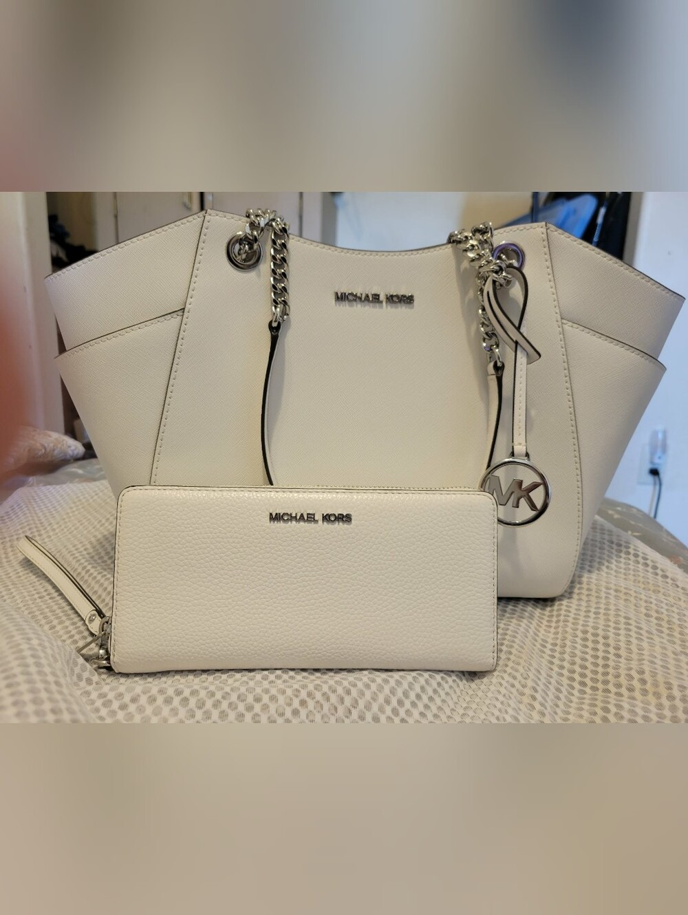 Michael Kors Chalk White Leather Tote and Wallet Set